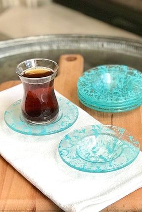 Turquoise Flakes 6'lı Turkuaz Desenli Cam Çay Tabağı Seti TYC00091651364
