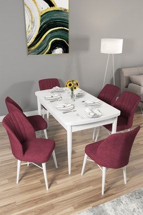 Arel Mdf Beyaz Mutfak Masası Takımı 6 Bordo Sandalye RVN01ARLBYZ