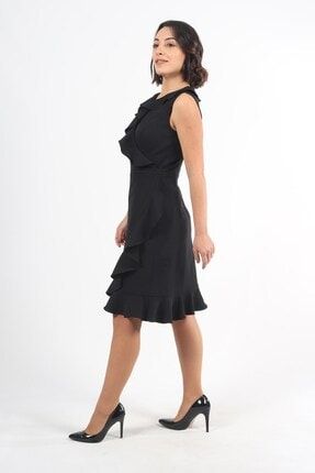 Siyah Volanlı Kruvaze Krep Elbise FZA2008