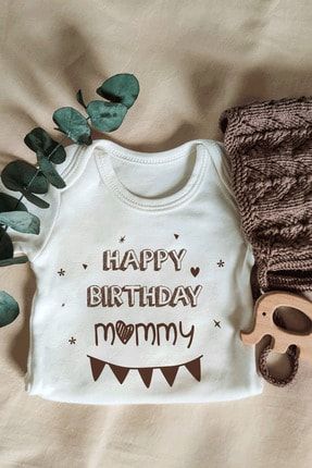 Yazılı Uzun Kol Organik Bebek Body Happy Birthday Mommy Uzun