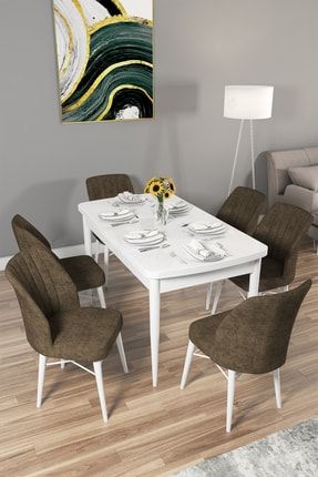 Arel Mdf Beyaz Mutfak Masası Takımı 6 Kahverengi Sandalye RVN01ARLBYZ
