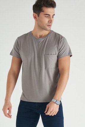 Erkek Gri Cep Detaylı T-shirt B2108