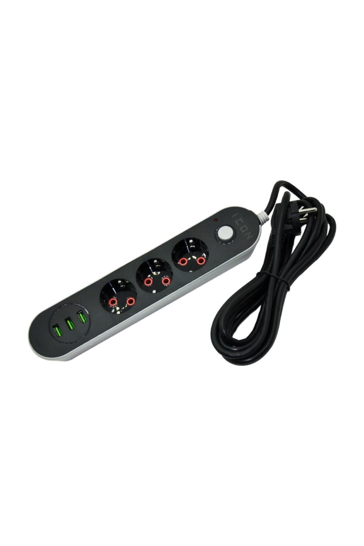 Eksprespazar-Icon 2 Meters 3 Sockets, 3 USB Inputs, Surge Protected Triple Socket 10a 2500w 3