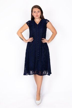 Kadın Lacivert Dantel Düğmeli Kloş Elbise 20-0856