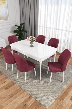 Zeta Mdf Beyaz Açılabilir Mutfak Masası Takımı/beyaz Masa 6 Bordo Sandalye RVN06ZETABYZ