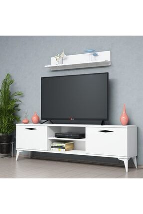 Duvar Raflı 160 cm Beyaz Modern Kulp Tv Sehpası TVÜ00007