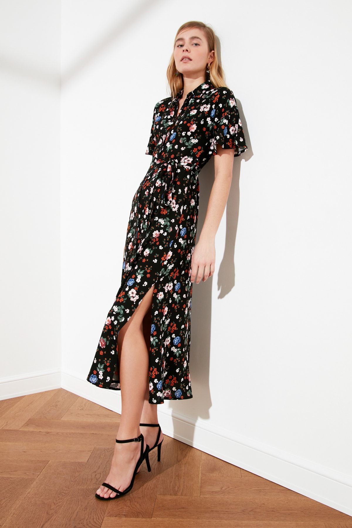 Trendyol Collection Blue Belted Maxi Woven Viscose Floral Shirt