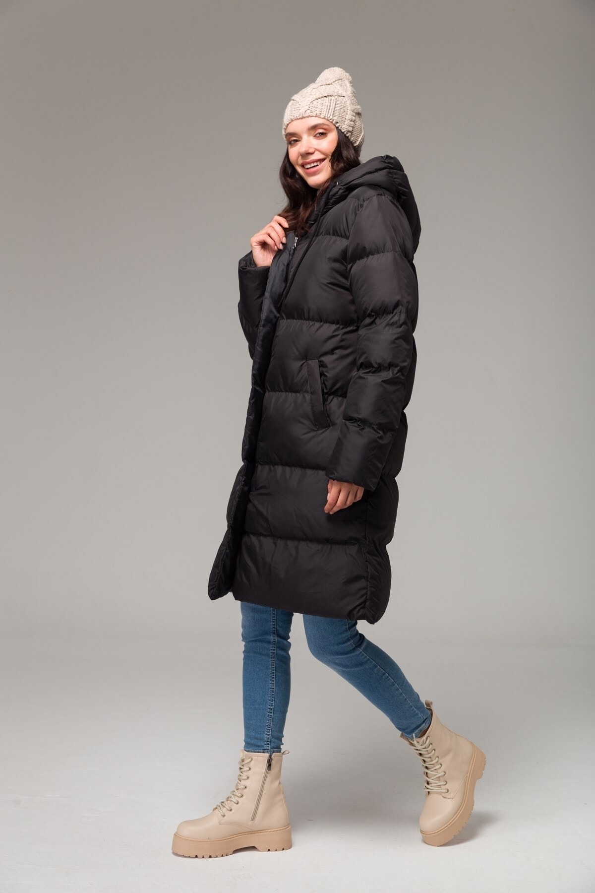 کاپشن  زنانه پلی استر مشکی پوشاک حجاب راسته Oversize/اورسایز    پف دار کژوال/روزمره | Olcay 6225 TR - تصویر 8