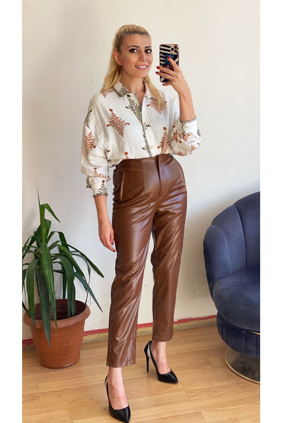 TUĞBALİ Kadın Taba Renk Zara Model Pensli Deri Pantolon