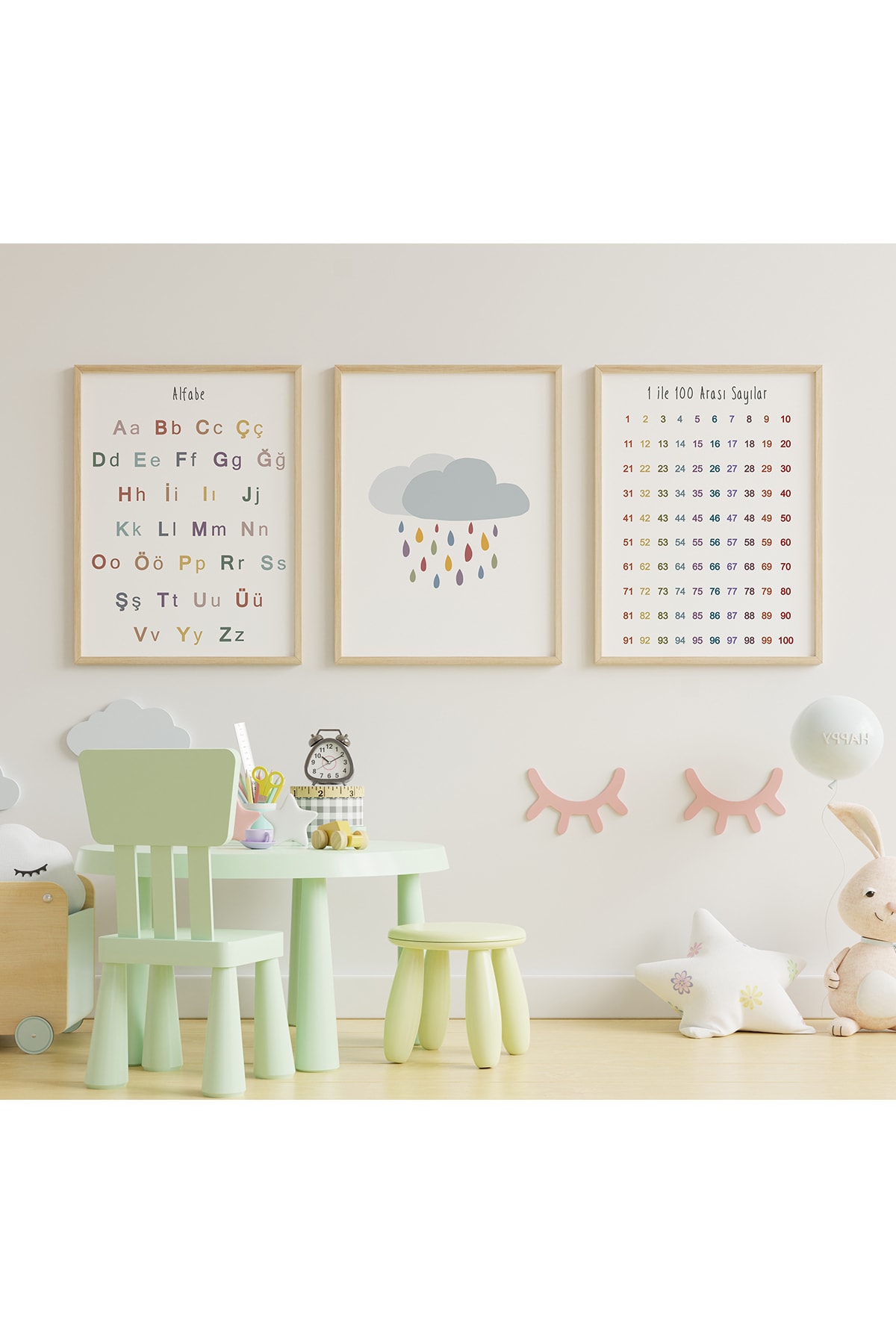 Montessori Studio Montessori 3'lü Alfabe Sayılar Eğitimi Ve Çoçuk Odası Dekoratif Poster Tablo Seti