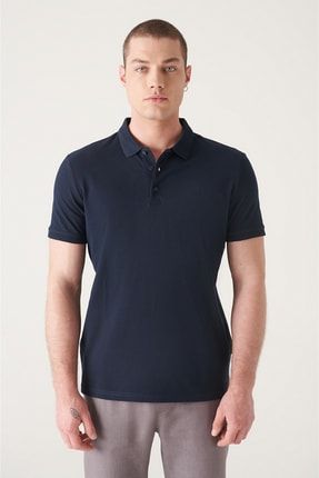 Erkek Lacivert Polo Yaka Düz T-Shirt E001027