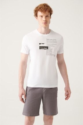 Erkek %100 Pamuk Beyaz Bisiklet Yaka Baskılı T-shirt A21Y1153
