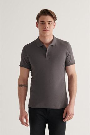 Erkek Antrasit Polo Yaka Slim Fit %100 Pamuk Basic T-Shirt E001004
