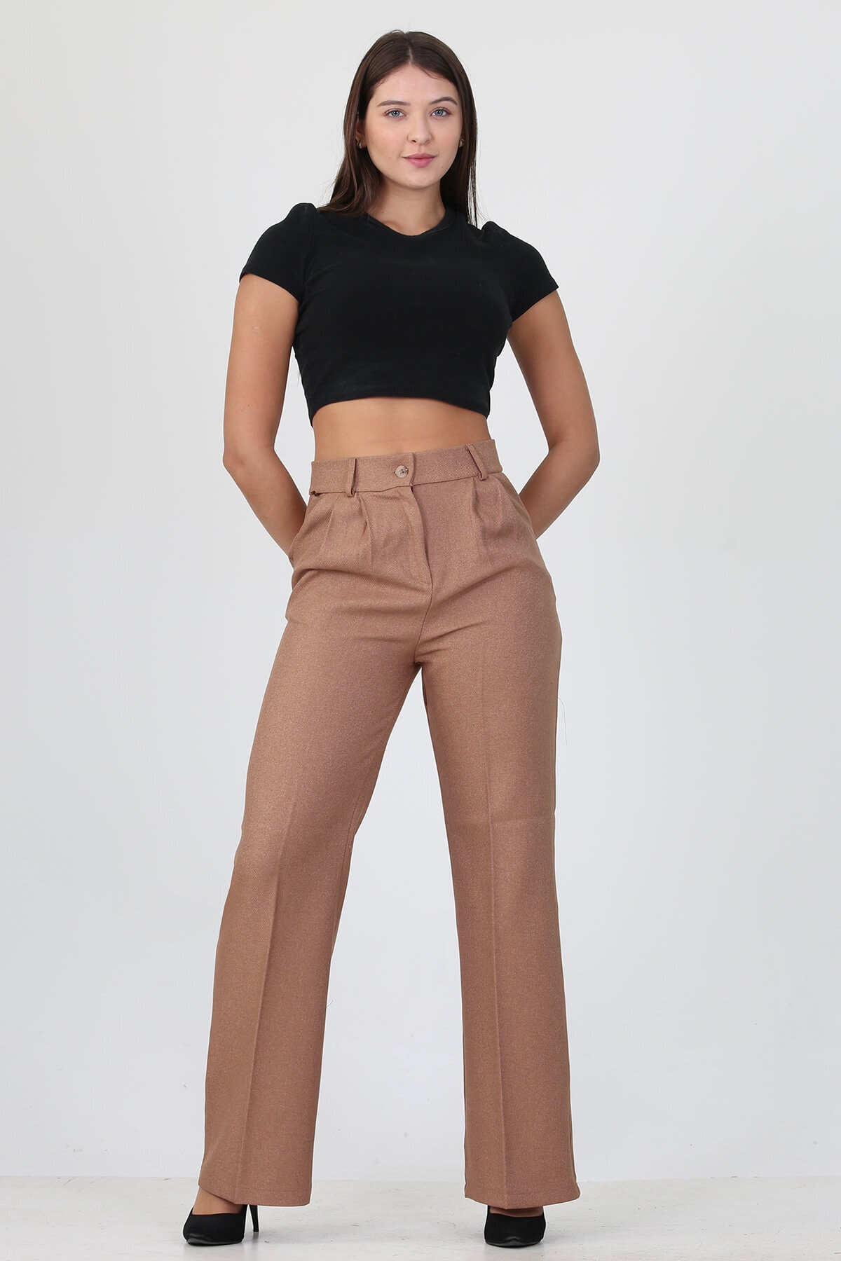 Women's Camel High Waist Pocket Palazzo Fabric Pants Ela001