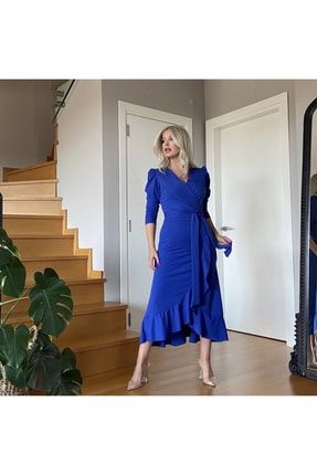 Kadın Mavi, Krep Kumaş Midi Boy Kuşaklı Uzun Kol Elbise 120 Cm RM26059