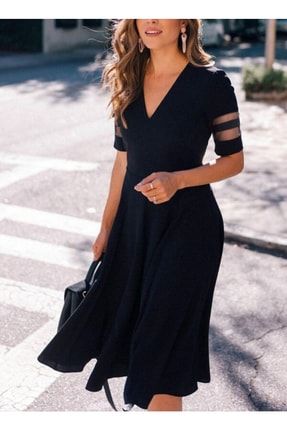 Kadın Siyah, V Yaka Tül Detay Krep Elbise RM-30789