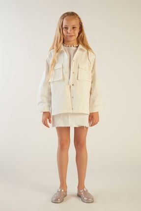 Kız Çocuk Baskılı Beyaz Kot Ceket hQspQs300157
