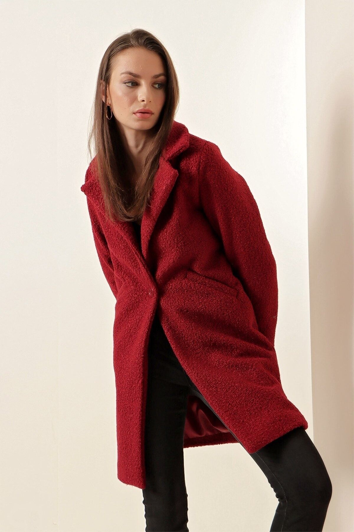 candybia Women s Plum Boucle Coat Trendyol