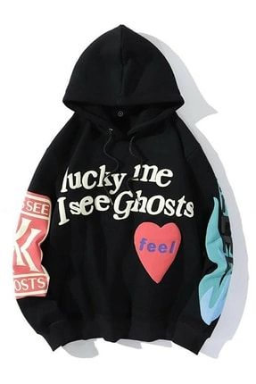 Unisex Siyah Lucky Me I See Ghosts Kanye Baskılı Sweatshirt benisengiydirluckymesweat