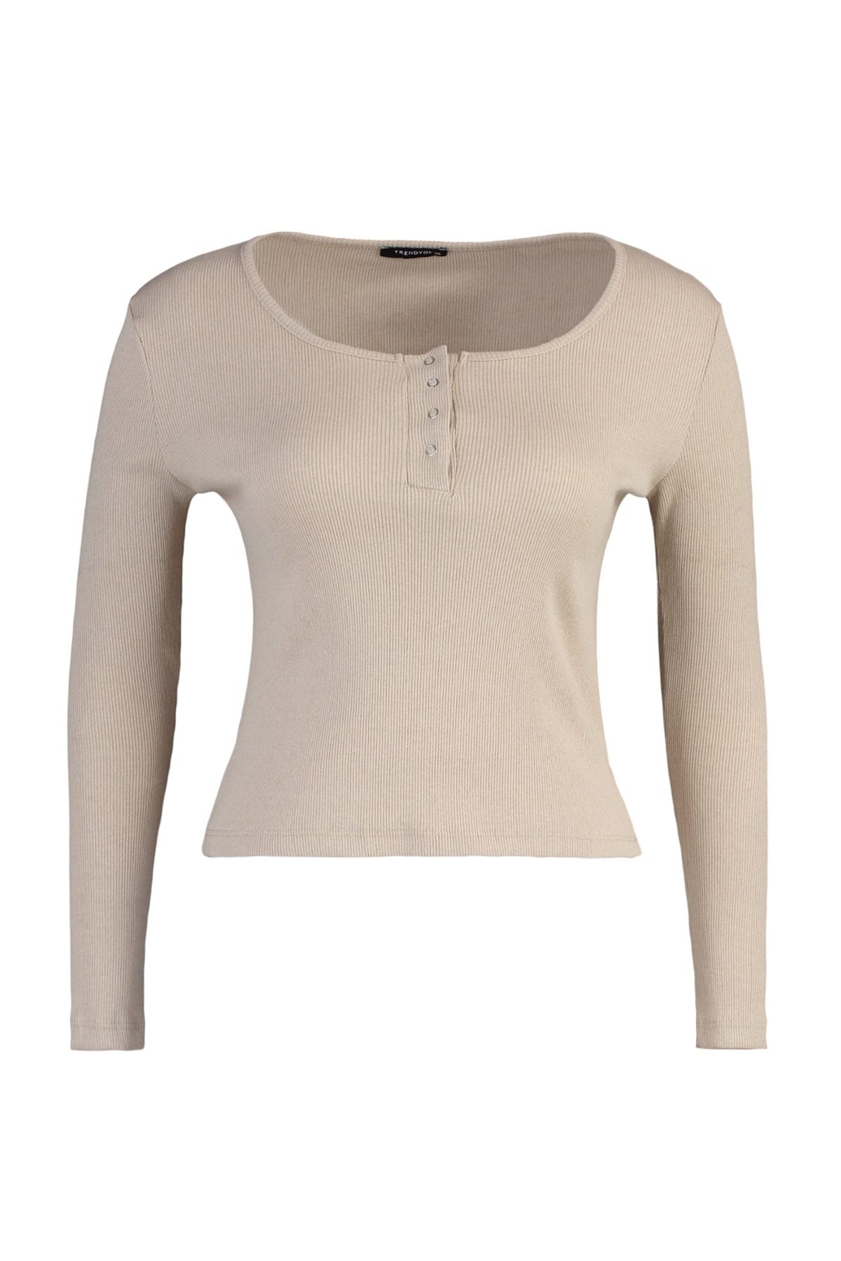 Trendyol Curve-Plus Size Beige Knitted Crop Blouse - Pool Collar and Snap Detail Tbbaw23Af00030 5