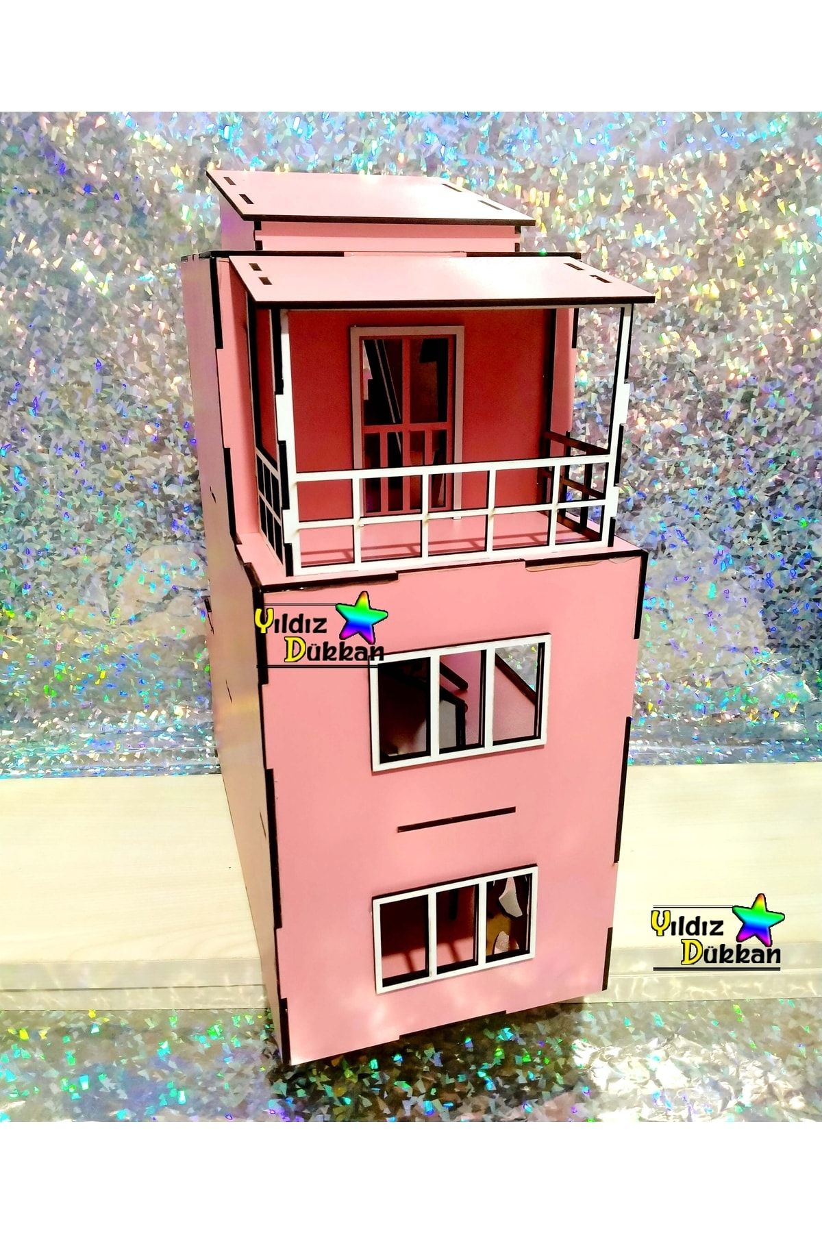 YıldızDükkan-Wooden House Natural Wooden Doll House Children's Play House 40 Cm 3 Storey Cute House 6