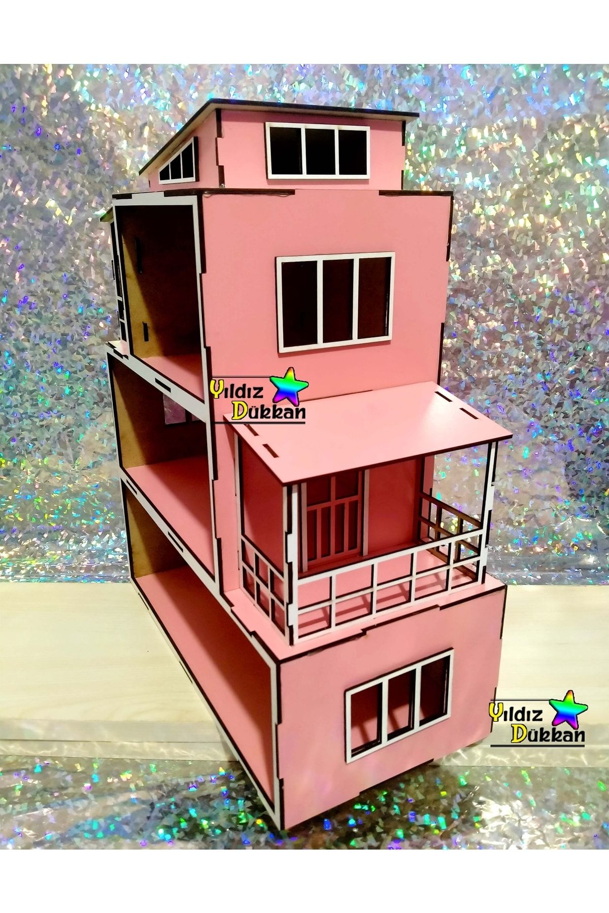YıldızDükkan-Wooden House Natural Wooden Doll House Children's Play House 40 Cm 3 Storey Cute House 7