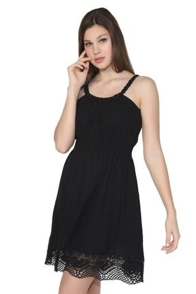 Askılı Şile Bezi Örgülü Mini Elbise Siyah Syh 424.04