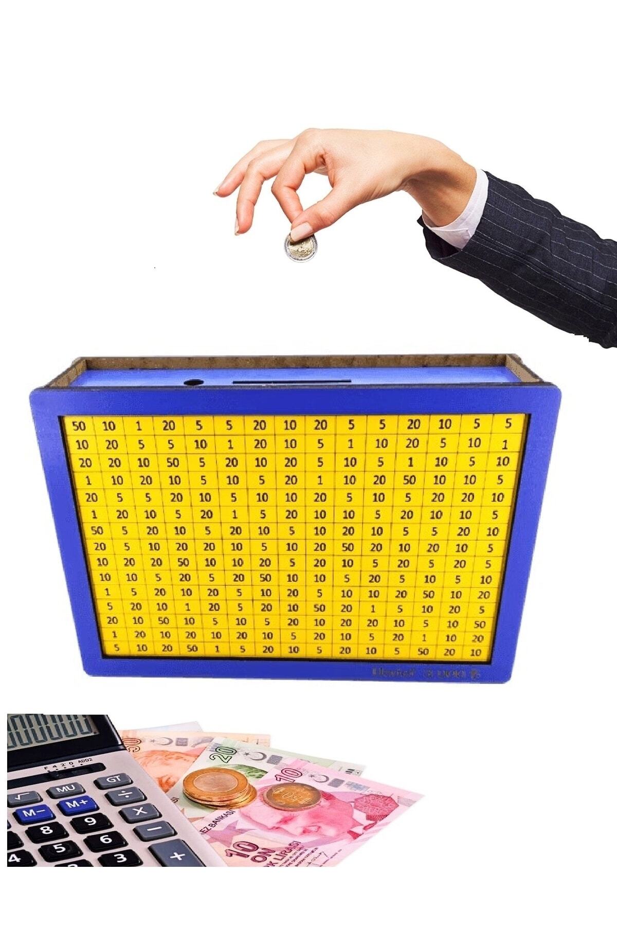 Parabox Sarı Lacivert Hedefli Para Biriktirme Kumbarası 3.000 Hedefli Ahşap Para Kutusu