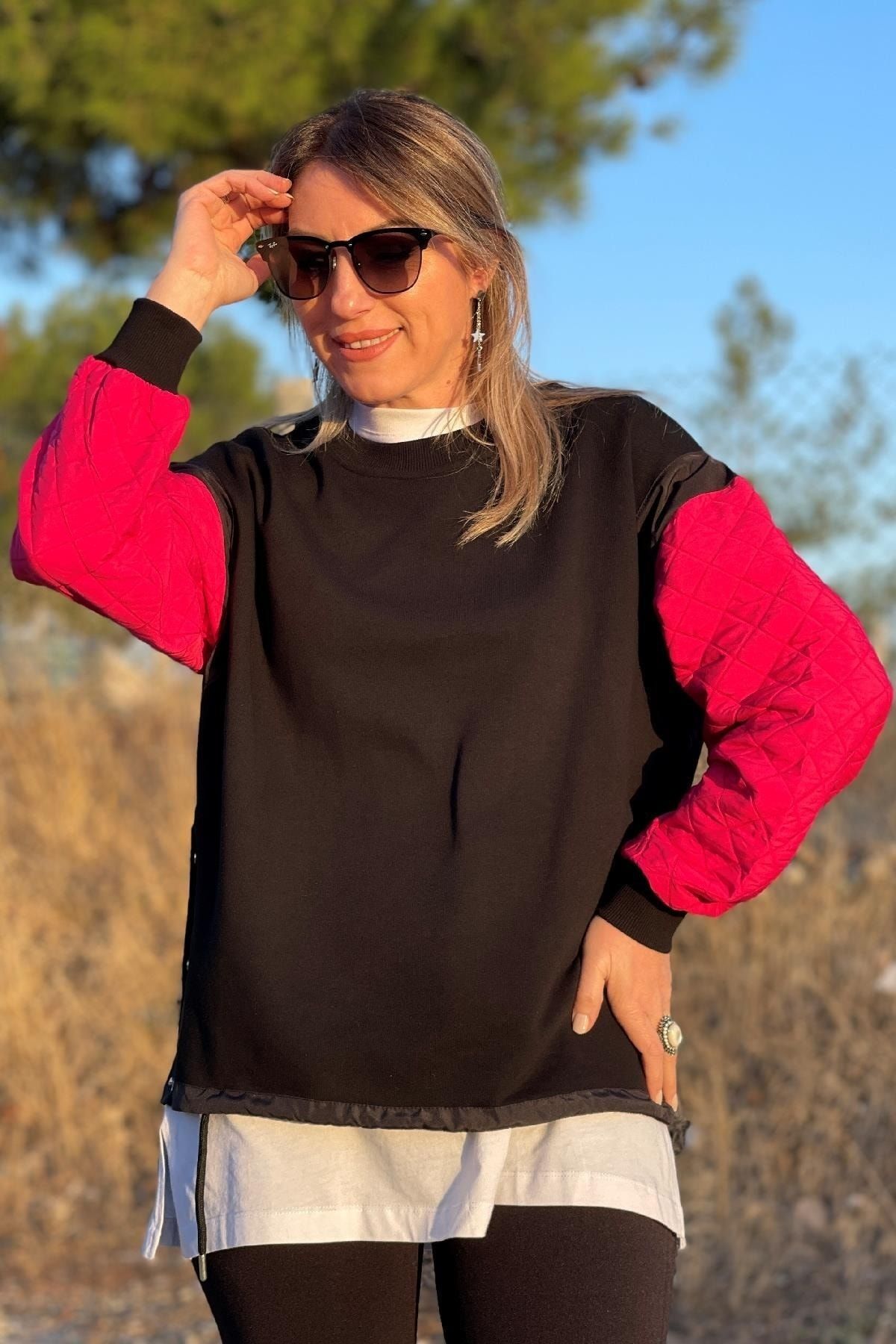 MİSLİNA BUTİK Kolları Pembe Detaylı Sweat
