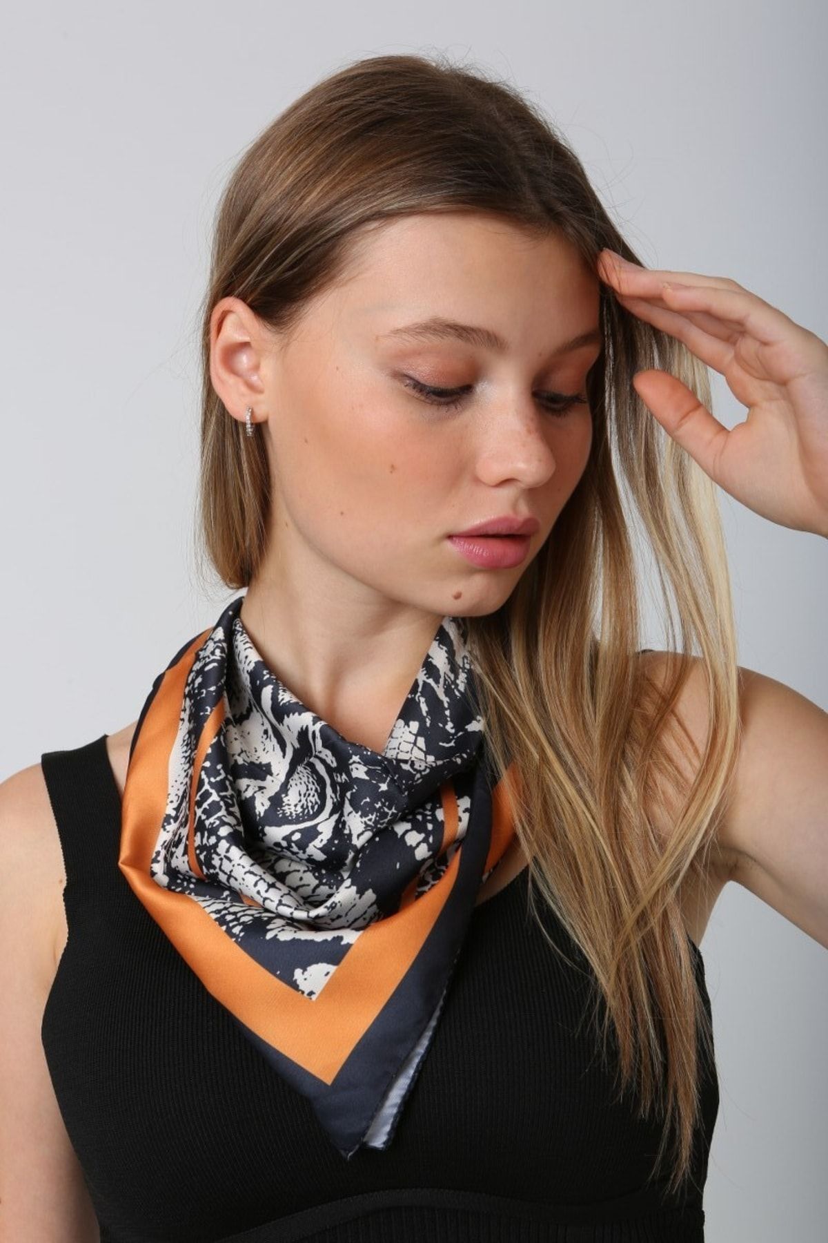 MARBERRY-Orange Snake Patterned Women's Scarf - Bandana 60x60 Cm 6