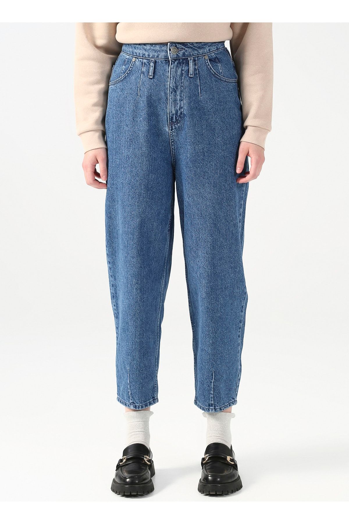 LİMON COMPANY-Zitronengelbe Jeanshose mit hoher Taille und geradem Bein, weite Passform, Indigoblau, Damen, Edmansa 2