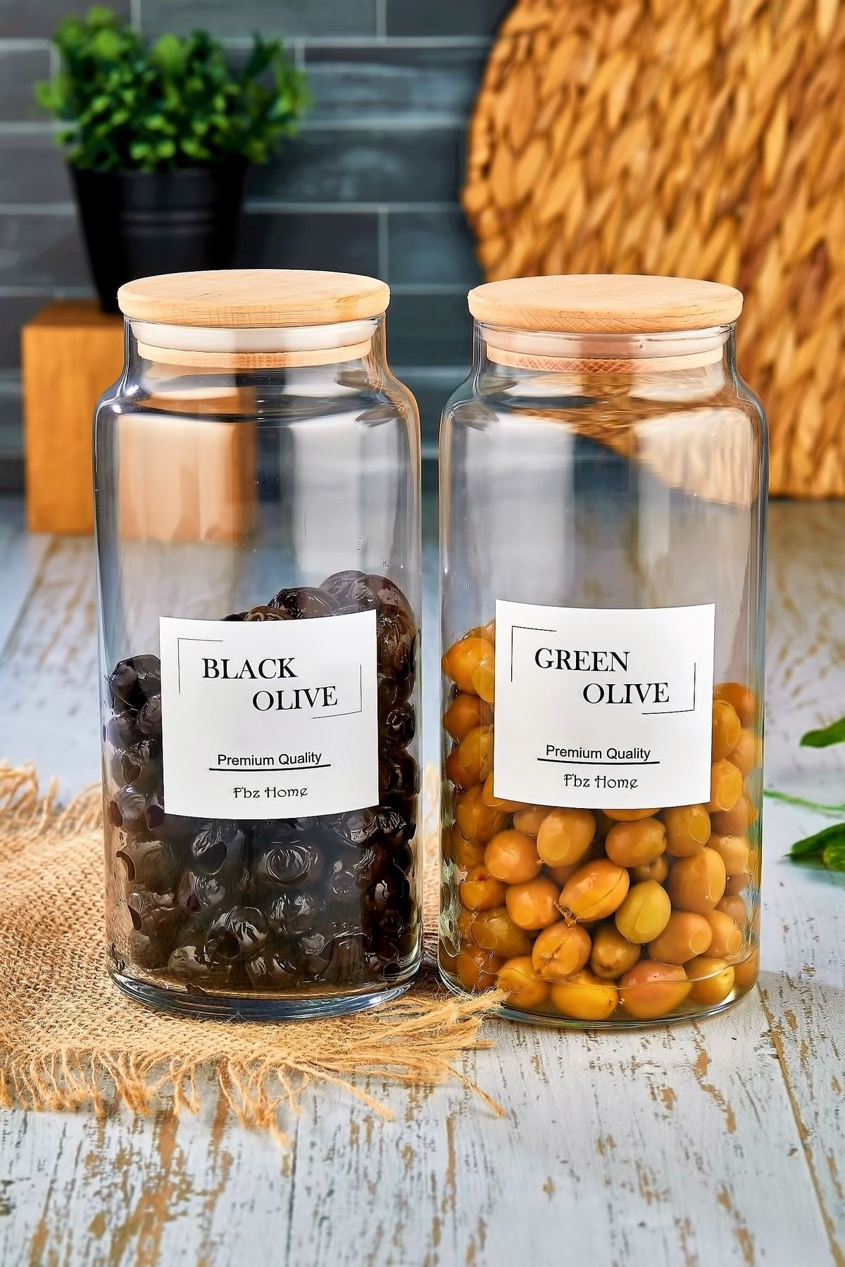 FBZhome-1300 Ml Glass Jar - 2-Piece Green and Black Olive Storage Container with Wooden Lid 2
