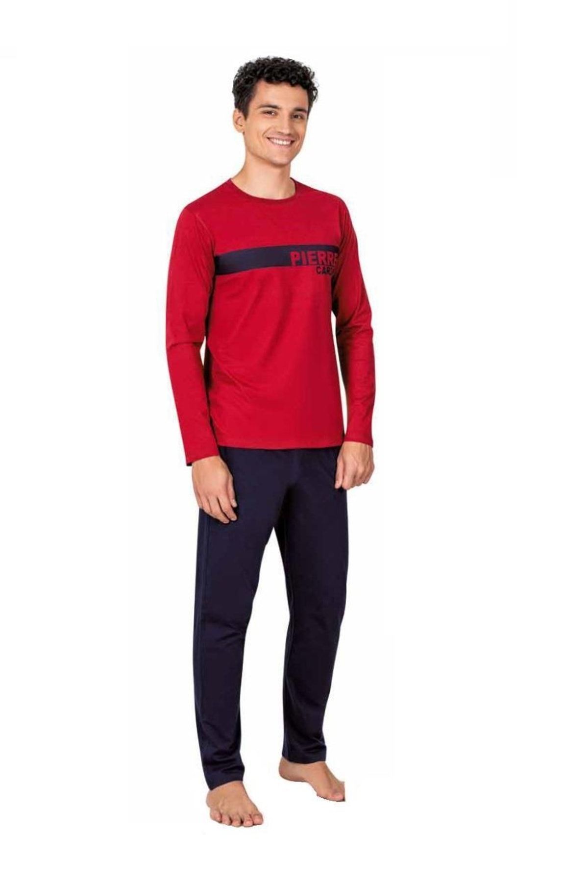 ست پیژامه قرمز مردانه لباس خواب آستین بلند 6007 Pierre Cardin