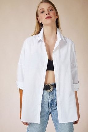 Kadın Beyaz Oversize Uzun Basic Gömlek DD0842