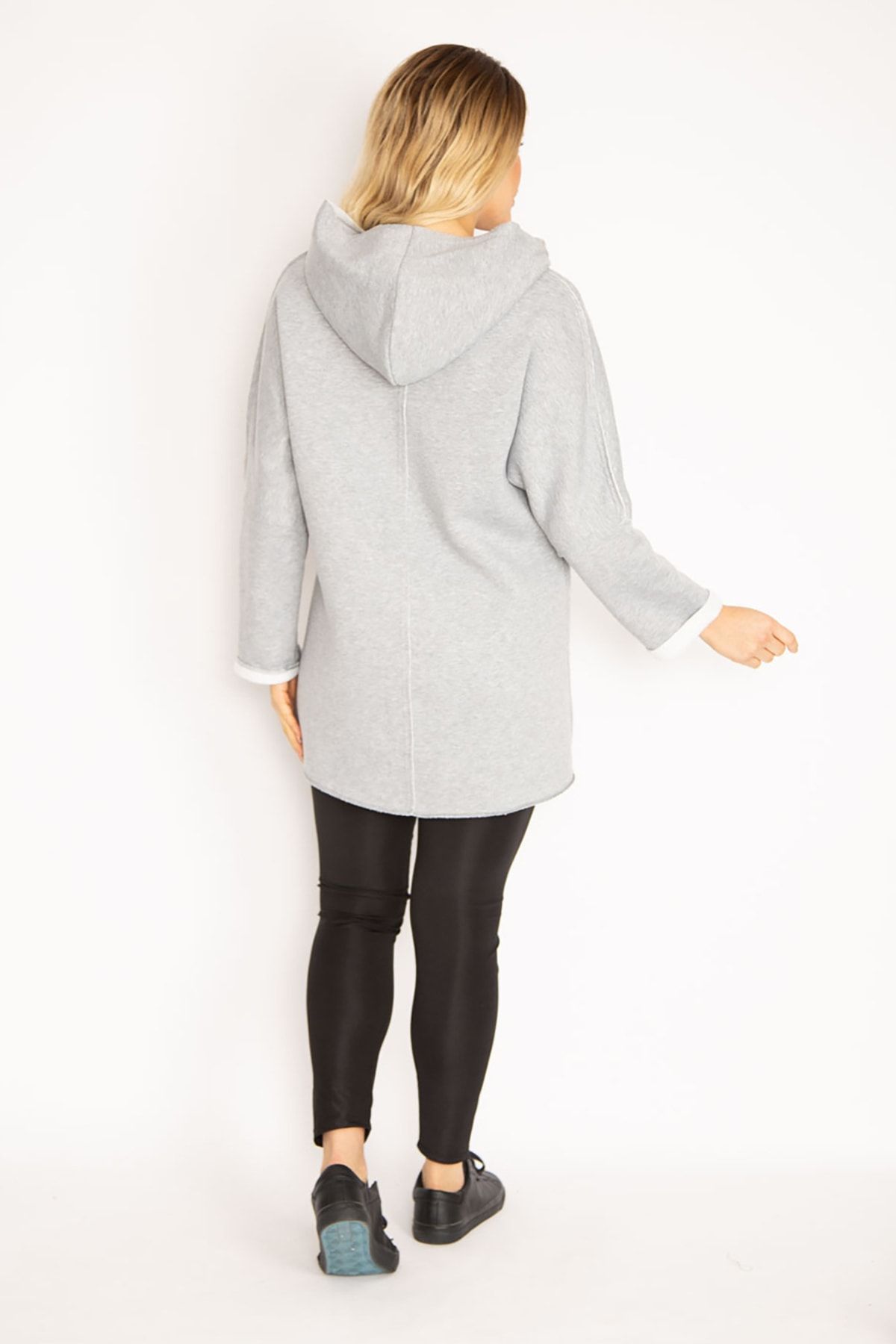 Şans-Women's Large Size Gray Front Zipper Pocket and Hooded Coat 65n35108 6