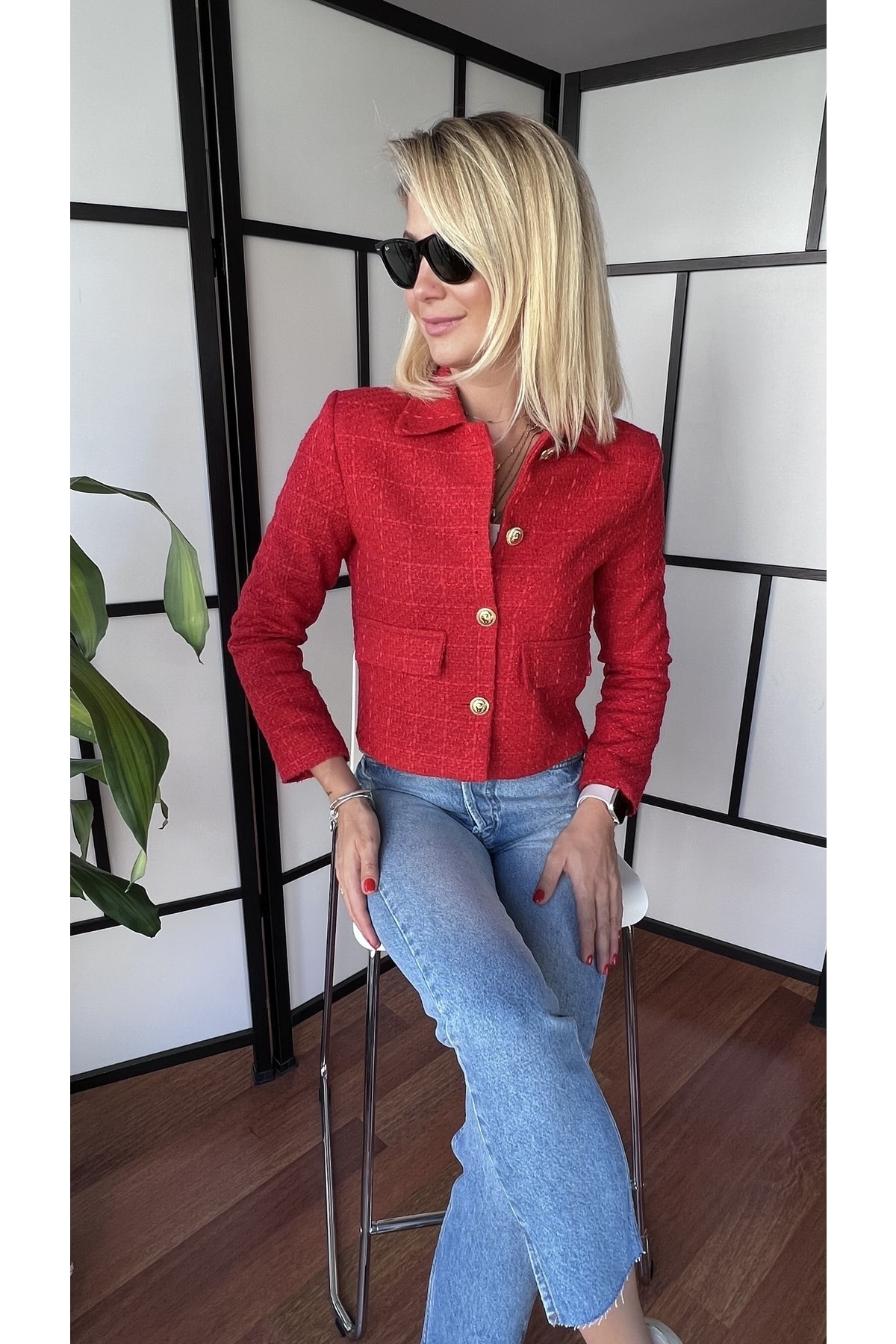 melsy boutique Kırmızı Tüvit Kısa Blazer Ceket