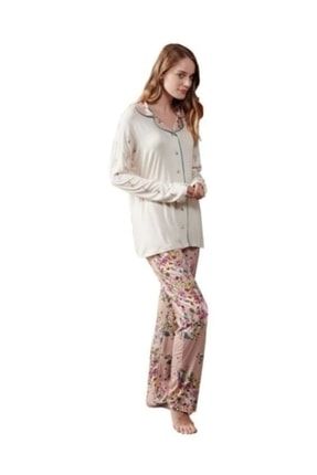 Kadın Boydan Düğmeli Uzun Kol Gömlek Pijama Takımı - Feyza 3367