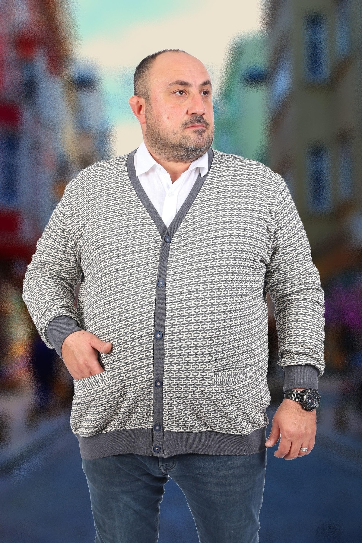 Starbattal Büyük Beden Düğmeli Hırka 22801-antrasıt