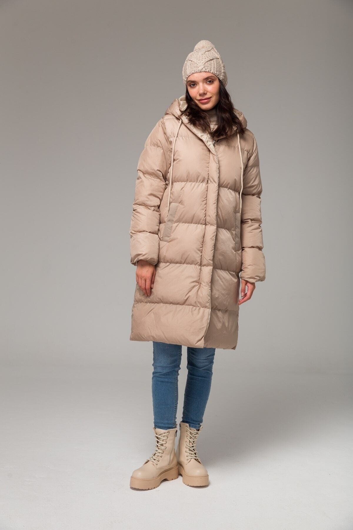 کاپشن  زنانه پلی استر بژ پوشاک حجاب راسته Oversize/اورسایز    پف دار کژوال/روزمره | Olcay 6225 TR - تصویر 6