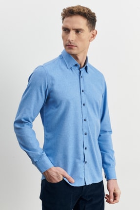 ALTINYILDIZ CLASSICS Erkek A&ccedil;ık Mavi Slim Fit Dar Kesim D&uuml;ğmeli Yaka Flanel Oduncu G&ouml;mlek