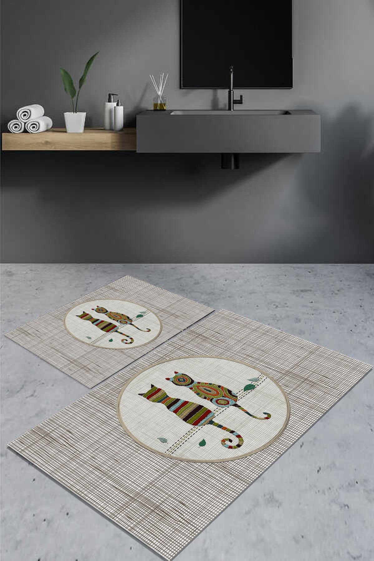 CÖMERT HOME COLLECTİON Dekoratif Yıkanabilir Kaymaz Dijitalbaskılı Kedi Figürlü Banyo Paspası 40x60 60x100