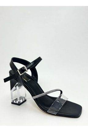Siyah Kadın Taşlı Tek Bant Şeffaf Topuklu Ayakkabı - Siyah - 36 BA04026