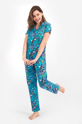 Mickey&friends Lisanslı Funny World Turkuaz Kadın Gömlek Pijama Takımı D4501-C