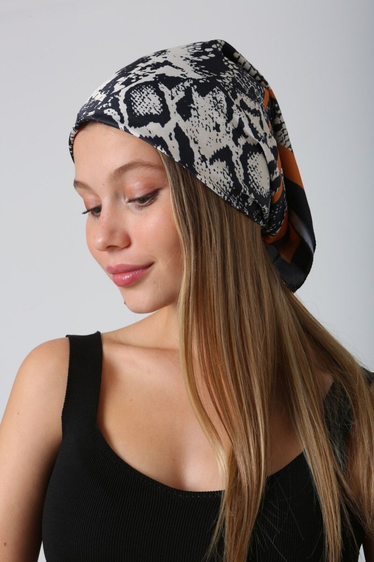 MARBERRY-Orange Snake Patterned Women's Scarf - Bandana 60x60 Cm 2