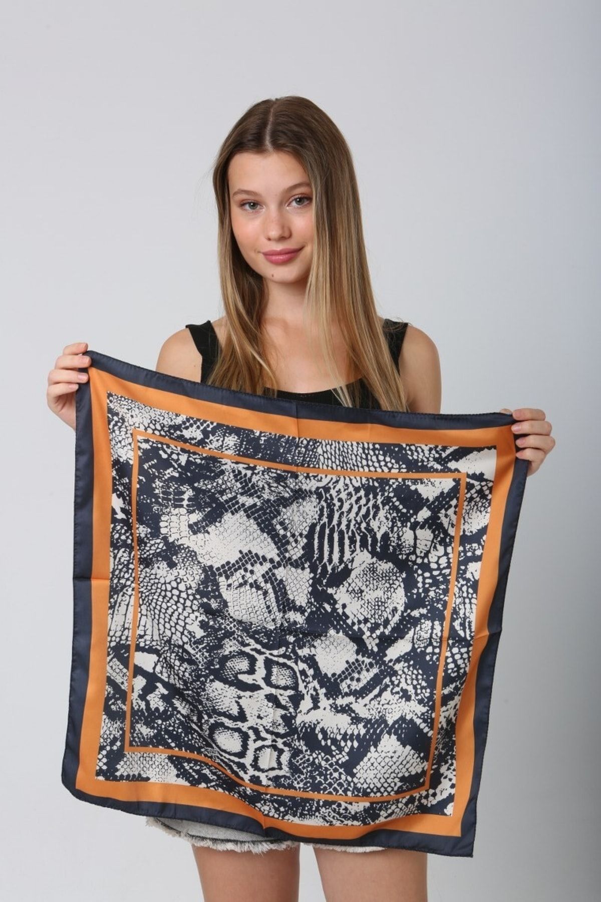 MARBERRY-Orange Snake Patterned Women's Scarf - Bandana 60x60 Cm 7