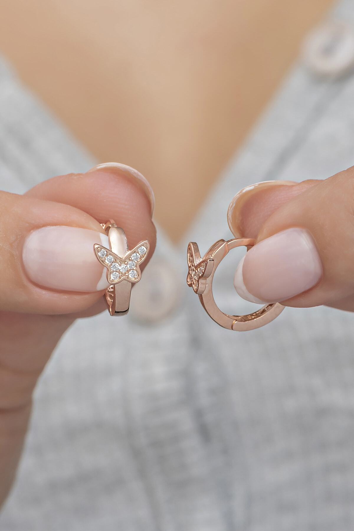 Nereze 925 Ayar Gümüş Rose 10 Mm Halka Kelebek Küpe