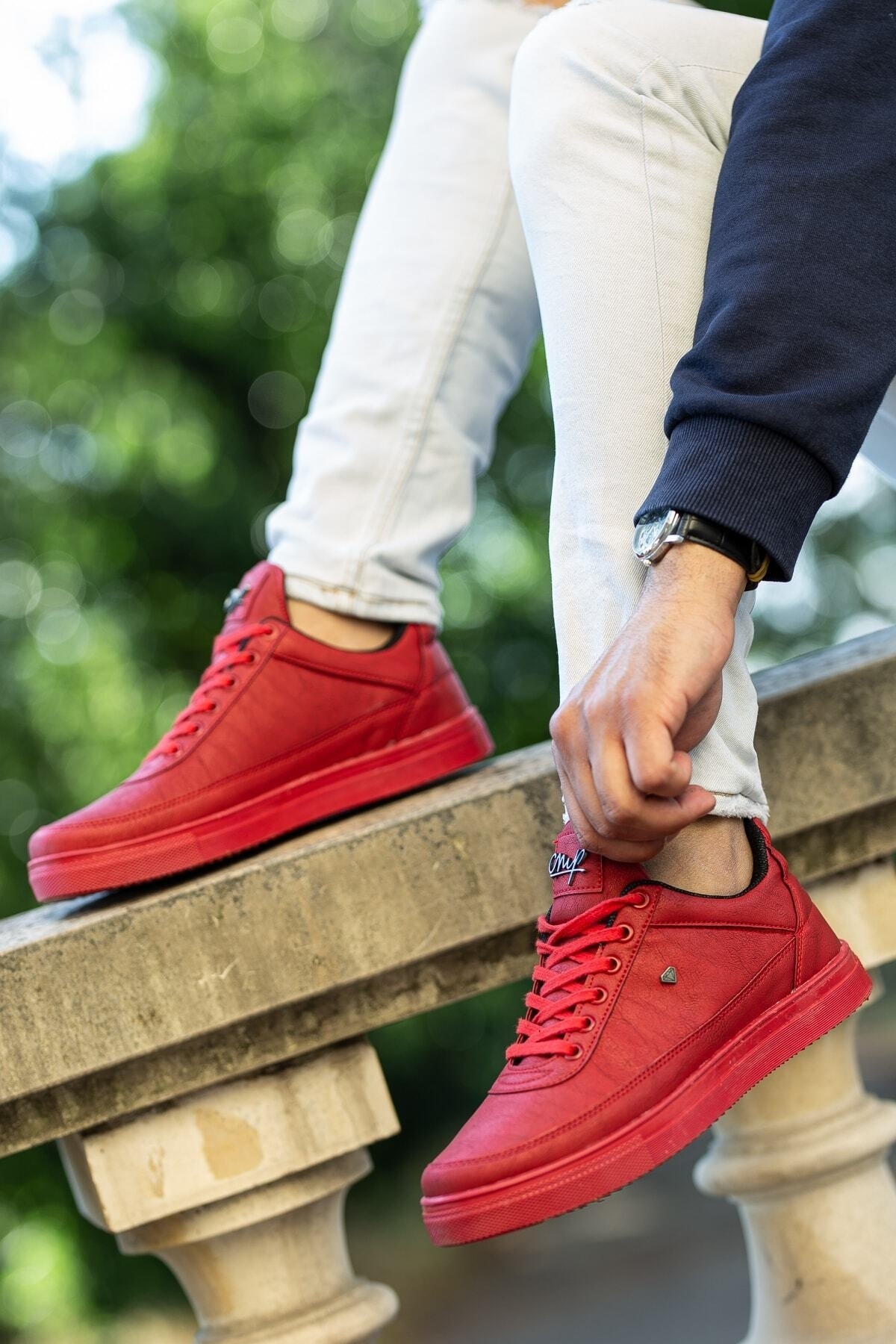 BOUIS Erkek Kırmızı Bağcıklı Deri Düz Rahat Taban Günlük Yumuşak İç Astarlı Şık Sneaker Spor Ayakkabı