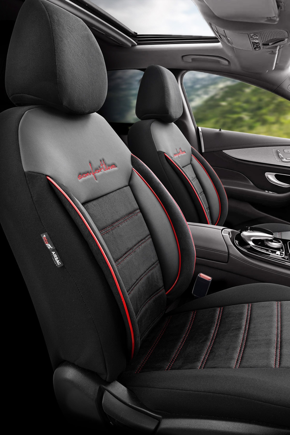 Otom Comfortline Design Tay Tüyü Süet Oto Koltuk Kılıfı Ekstra Destekli Tam Set Premium - Siyah-Kırmızı