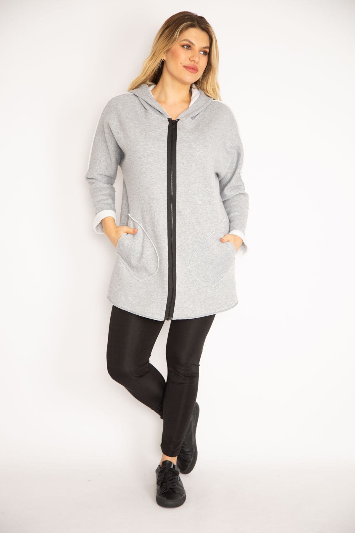 Şans-Women's Large Size Gray Front Zipper Pocket and Hooded Coat 65n35108 3