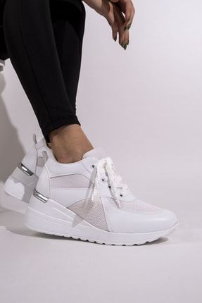 Beyaz Fileli Dolgu Topuklu Sneaker Bağcıklı Spor Ayakkabı - Pily 3442